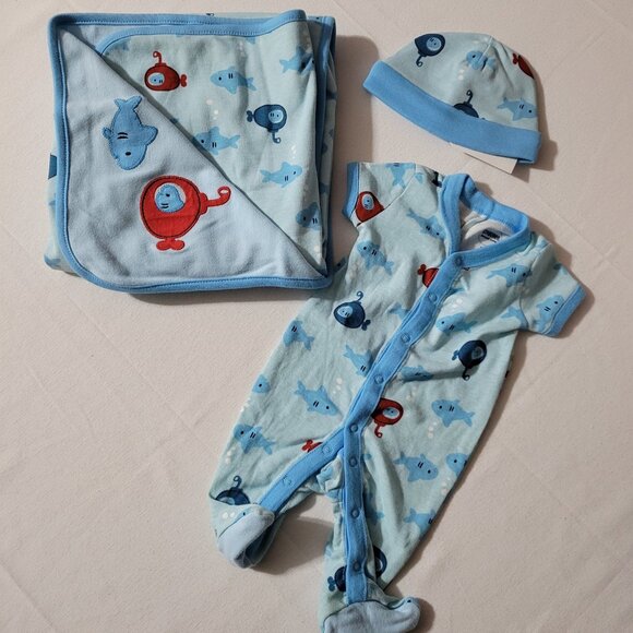 Gymboree Hello Submarine NWT blanket NB hat & NWOT NB sleeper. Blanket has faint - Picture 2 of 5